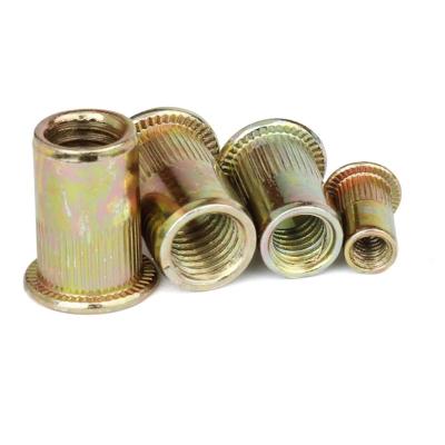 China Heavy industry 3/8-16UNC carbon steel flat head rivnut threaded knurled nut body yellow plated for sale