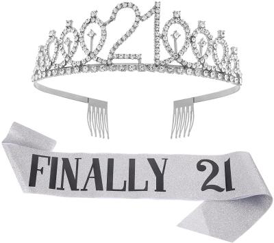 China Metal 21st birthday supplies 40th birthday queen crown 50th birthday pageant 60th birthday womendecoration bling girl sash set crown for sale