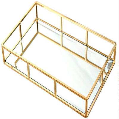 China Fashoion Makeup Organizer Glass Metal Jewelry Storage Gold Tray for sale