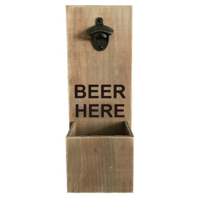 China Rustic Wall Mounted Wooden Europe Beer Bottle Opener With Soda Cap Catcher And Beer Cap Collector for sale