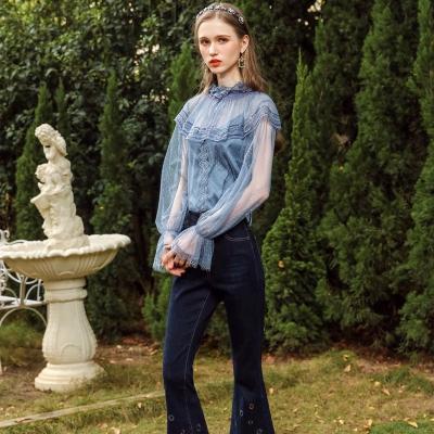 China Wholesale Breathable Woman Clothing Shirts Puff Sleeves See Through Tulle Luxury Blouses Ruffle Shirt for sale