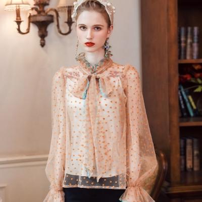 China Breathable Latest Style Romantic Loose See Through Lace Puff Sleeves Mujer Tops Womens Blouses for sale