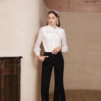 China Autumn Womens Court Style Breathable Lace Stitched Shirt Elegant Women Vintage Shirt Blusas De Mujer Bow Collar Blouses for sale