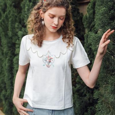 China Custom Anti-Wrinkle Summer Print Tee Shirt Women Short Sleeve Ladies Casual Graphic Tees Beads Adorn Soft Blouse for sale