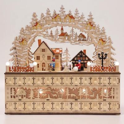 China Low Price Wooden Christmas Arch Shape Advent Calendar Boxes With BO LED Light Natural 45x11x43 cm for sale