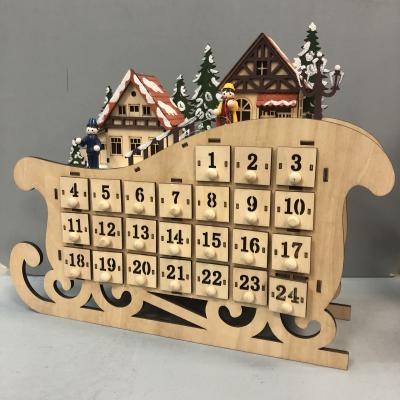 China low price wooden christmas sleigh shape advent calendar countdown to decorate 38x12x30.5cm for sale