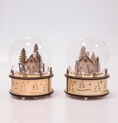 China cheap christmas small price wooden laser cut wooden music box with glass dome 15x15x20.5 cm for sale