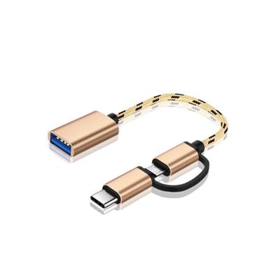 China Mobile Phone Nylon Braid Micro Usb Type C Data Sync Adapter 2 In 1 Usb 2.0 Otg Adapter Cable for sale