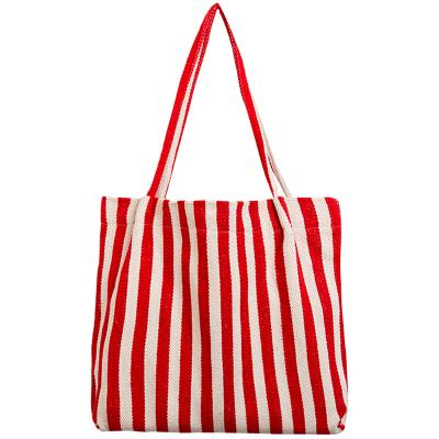 China Fashion New Color Custom Logo Stripe Large Cotton Canvas Tote Shopping Bags Canvas Shoulder Bag for sale