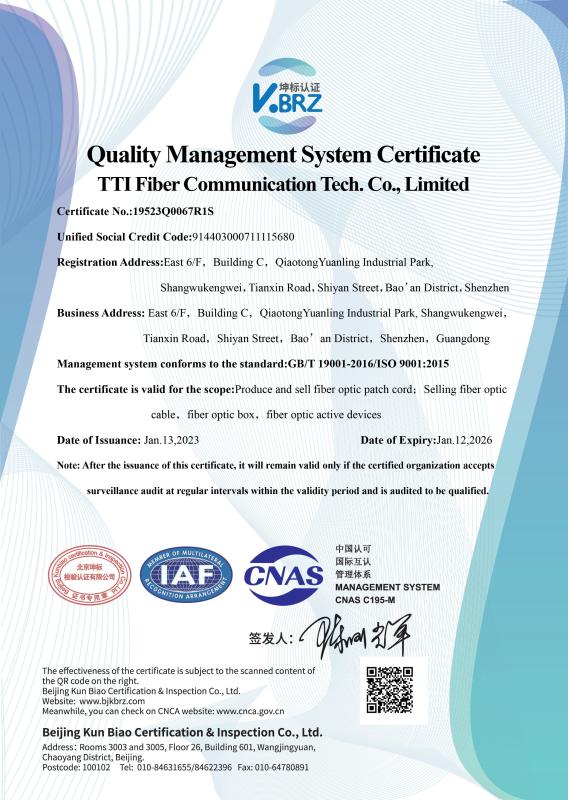 ISO9001 - TTI Fiber Communication Tech. Co., Ltd.