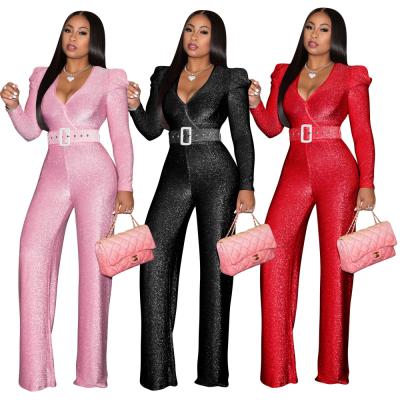 China 2022 New Arrivals Anti-Static Spring Women's Knitted Jumpsuits Long V-Neck Jumpsuits Wide Leg Pant Jumpsuits Solid Sleeve Zipper Back for sale