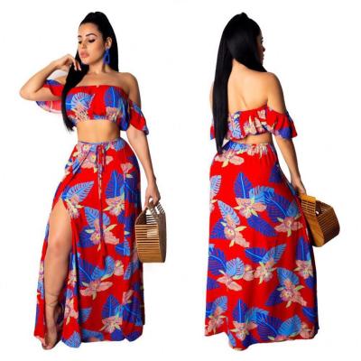 China 2020 Hot Sale Breathable African Ladies Fashion Printed Ruffle Sleeve Wrap Chest Slit Skirt Casual 2 Piece Set Women Clothing for sale