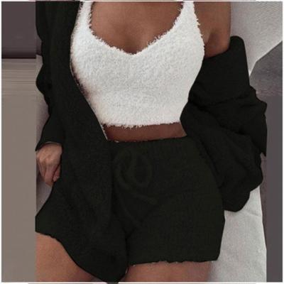 China 2020 Hot Sale Breathable Casual Lady Plush Home Sleepwear 3 Piece Set Long Sleeve Crop Top Shorts And Cardigan For Women Fall Clothing 3XL for sale