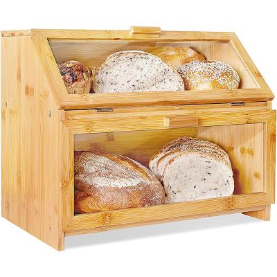 China Steamable Double Layer Natural Bamboo Bread Box Bamboo Bread Box For Kitchen Countertop With 2 Clear Windows for sale