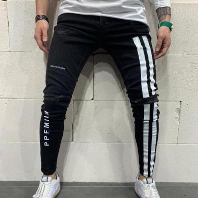 China 2021 viable wholesale ripped pencil pants denim biker skinny side striped jeans hip hop jeans for sale