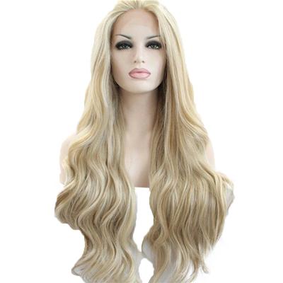 China Fashion Golden Big Body Wave Women's Long Curly Synthetic Wig Deep Wave Wigs Dark Brown Synthetic Kinky Curly Wigs for sale