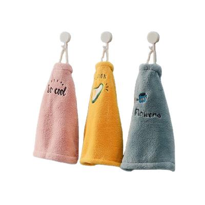 China No Fiber Cartoon Hanging Towels Strong Absorbent Kitchen Bathroom Microfiber Hand Embroidery Cute Hanging Towel for sale