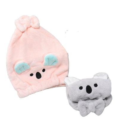 China Women Girls Cartoon Koala Hair Towel Microfiber Bathing Cap Durable Strong Absorbent Turban Coral Fleece Dry Hair Cap for sale