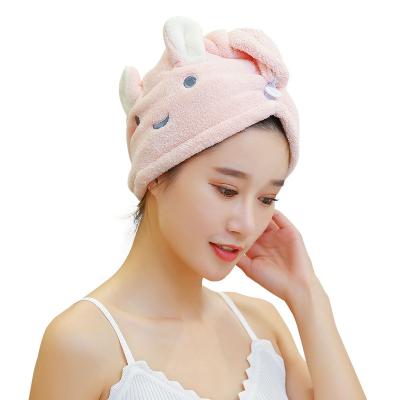 China Cute Microfiber Hair Towel Soft Strong Absorbent QUICK DRY Cartoon Coral Fleece Hair Drying Caps Rabbit Ear Towel for sale