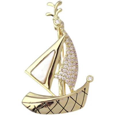 China 2022 Brass New Amazon Hot Selling Factory Wholesale Brass And Zircon 5A Sailboat Shape Brooch Formal SUIT For Man With Suit Wearing for sale