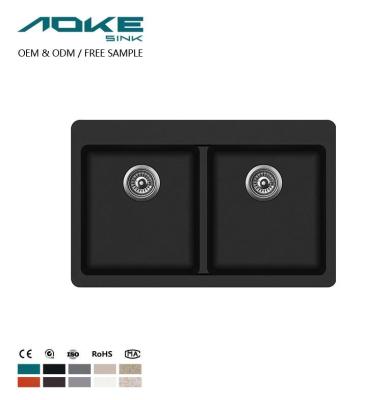 China Faucet AOKE Factory Free Customize OEM&ODM Newest Double Mount Kitchen Corner Tectonite Granite Double Sink for sale