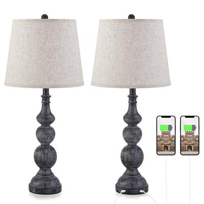 China Dual USB Ports Farmhouse Style USB Table Lamp Set Of 2 Retro Resin Table Lamp for sale