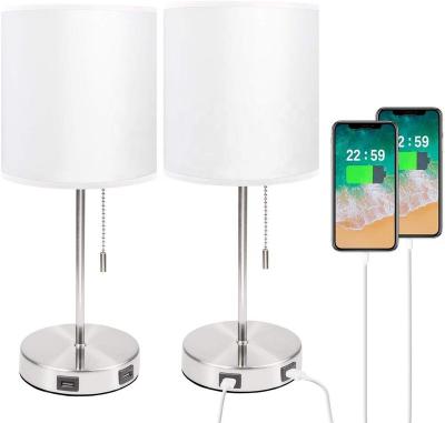 China 2020 New Modern USB Bedside Table Lamp with White Fabric Shade, Nightstand Desk Lamp with Dual Quick Charge for sale