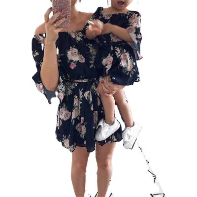 China Fashion Mother Daughter Dress Family Matching Outfits Shoulder Floral Dress Summer Girl Women Boho Loose Dress Sunbathing Clothes for sale