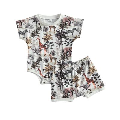 China Kids Baby 2-Piece Casual Outfit Set Short Sleeve Animal Print Romper+Shorts Set For Kids Boys Girls 6Months-3Years for sale