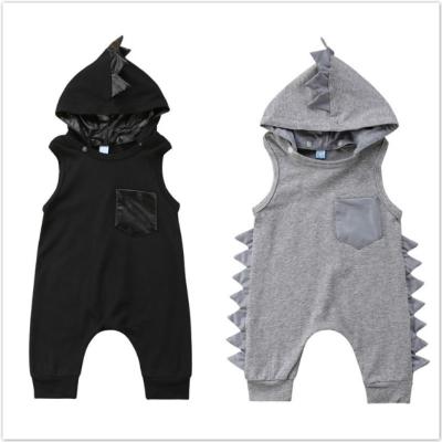 China 100% Cotton Baby Boy Girl Dinosaur Rompers Jumpsuits Summer Cute Newborn Infant Hooded Clothes Black Gray 3M 6M 12M 18M 24M for sale