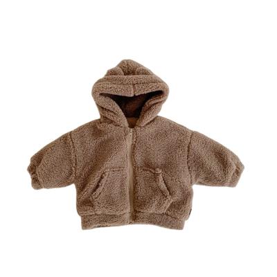 China Polyester fiber girls winter coat solid hooded children's clothing bear ear coat cotton padded baby cotton short clothes for sale