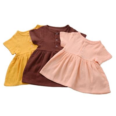 China Regular Cotton Dress Toddler Kids Canvas Babies Clothes Summer Short Sleeve Button Shorts Solid Mini Sundress A Line Simple Vestidos for sale