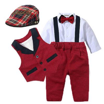 China Formal Baby Suits Boy Clothes Outfits Romper + Vest + Hat Party Bow Tie Kids Birthday Dress Newborn M Newborn 0 - 24 for sale