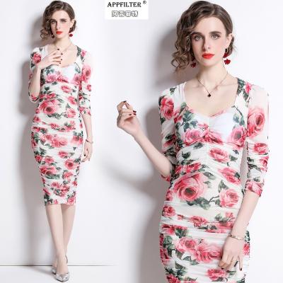 China 2022 Temperament Sleeve Lapel Ruffles Ruffles New Women Clothes Hip Anti-Static Elegant Casual Dresses Stain Floral Mid Length Mid Length Casual Dress for sale