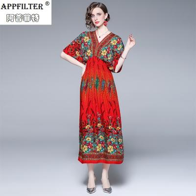 China Anti-Static Famous Style Anti-Static Long Sleeve Beach Resort Dress Print Belt Sleeve Bubble Floral Bohemian Designer Dress for sale