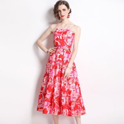 China 2022 Anti-Static New Stain Women's Clothes Floral Casual Dresses Fashion Wholesale Elegant Lotus Leaf Swing Sling Ruffle Long Dress for sale