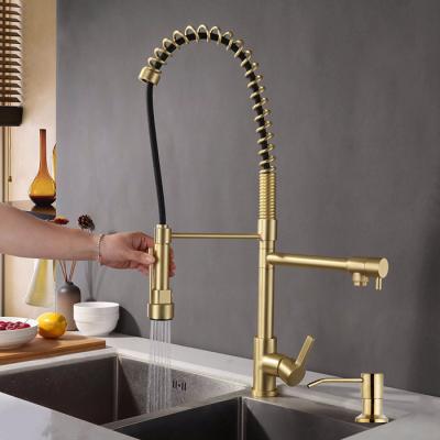 China Modern Spring Pull Down Kitchen Sink Faucet Hot Water Wash Kitchen Mixer With Deck Soap Dispenser for sale