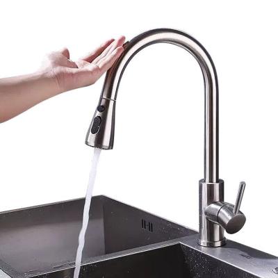 China Sense Faucets Pull Down 304 Stainless Steel Brushed Two Function Sprayer Kitchen Sink Automatic Touch Sensor For Faucet for sale