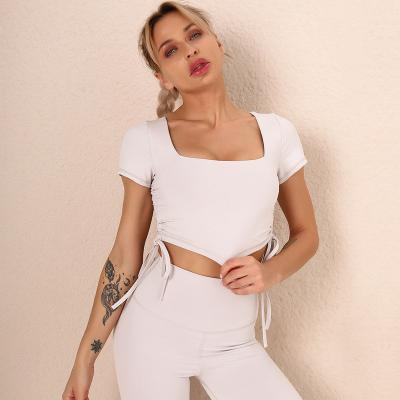 China QUICK DRY sports wear for women gym crop top drawstring short sleeve sport fitness top women sports t-shirt yoga gym workout shirts for sale