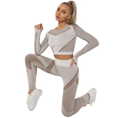 China 2022 Seamless Women Ribbed Yoga Workout Clothes Gym Fitness Long Sleeve Crop Top High Waist Leggings Sports Bra Sets YS360 for sale