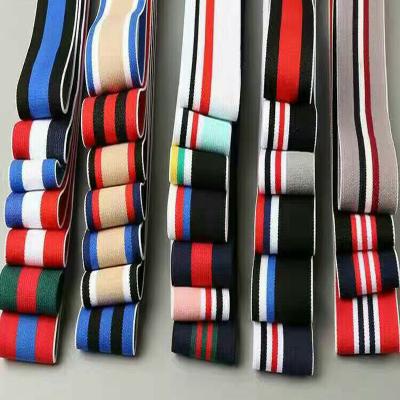 China Custom Designed Elastic With Monogram Polyester Stripe Flat Elastic Band And Colorful Jacquard Logo Band Elastic Weave In Stock for sale