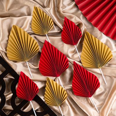 China Red Rose Fold Paper Gold Leaf Fan Cake Decorating Cake Birthday Party Baking Plug-in Decorations for sale