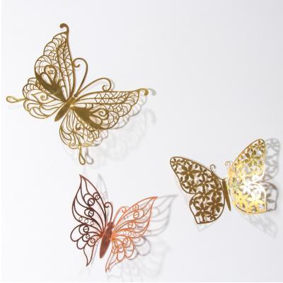 China 12pc/set 3D Paper Gold Silver Rose Gold Hollowing Out Double-Sided Simulation Butterfly Cake Decoration Plug-in for sale