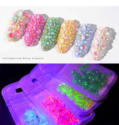 China Nail Decoration 6 Size Mixed DIY Nail Art Luminous Diamond Fluorescent Drill 3D Nail Art Decoration Colorful Glass for sale