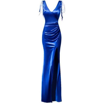 China Anti-static factory direct V-neck side split strap fringed evening dress ladies party evening dress for sale