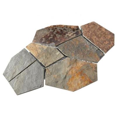 China Nature Outdoor Cheap Polygon Split/Hexagonal Ice Crunch Slate Mesh Non-Slip Rusty Stone With Net Backside for sale