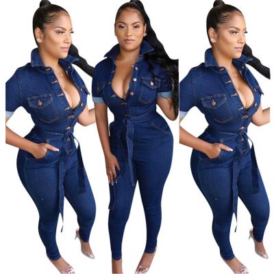 China QUICK DRY Design Women Overalls Ladies Denim Shirt Jeans Strapless Single Breasted Blue Overalls for sale