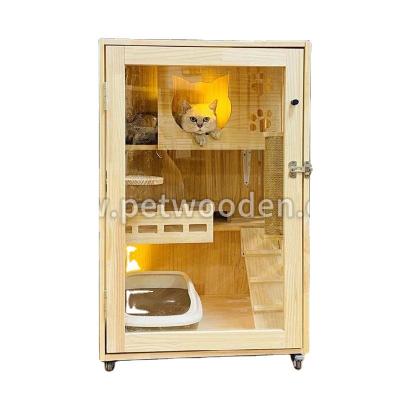 China Luxury Breathable Cat Showcase Cattery Cat House Pet Cage Cat Villa Nest Bed Wooden Solid Wood for sale