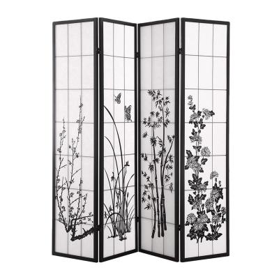 China Plum Bossom Black 4 Panel Room Divider Multifunctional Custom Screen Privacy Wood Room Divider for sale