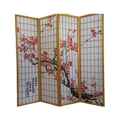 China Red and Black Plum Blossom Print Wood Custom Multifunctional and Japanese Style 4 Panel Paper Room Divider for sale